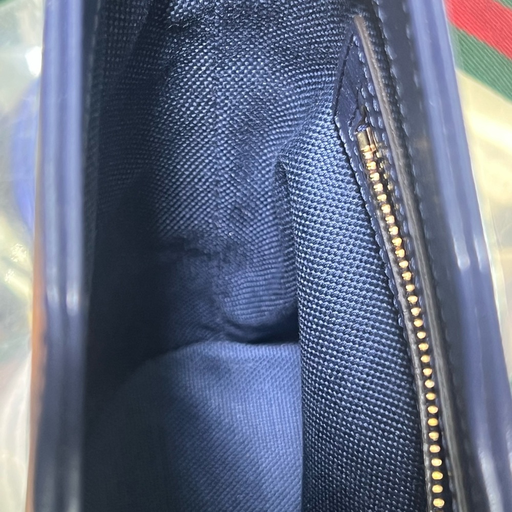 Women’s Navy Leather Bucket Bag with Green-Red Strap - Picture 14 of 16